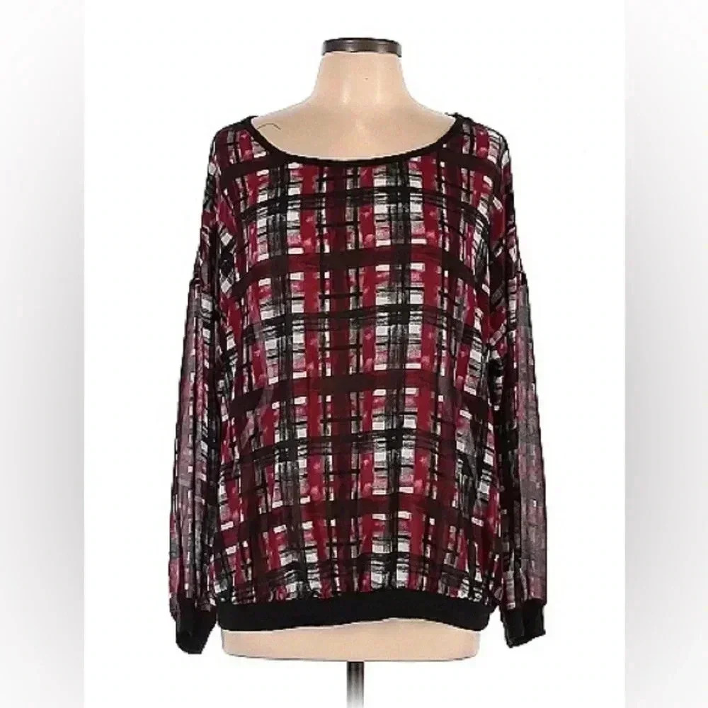 TORRID‎ Red Black Plaid Sheer Long Sleeve Top Womens Plus Size 0